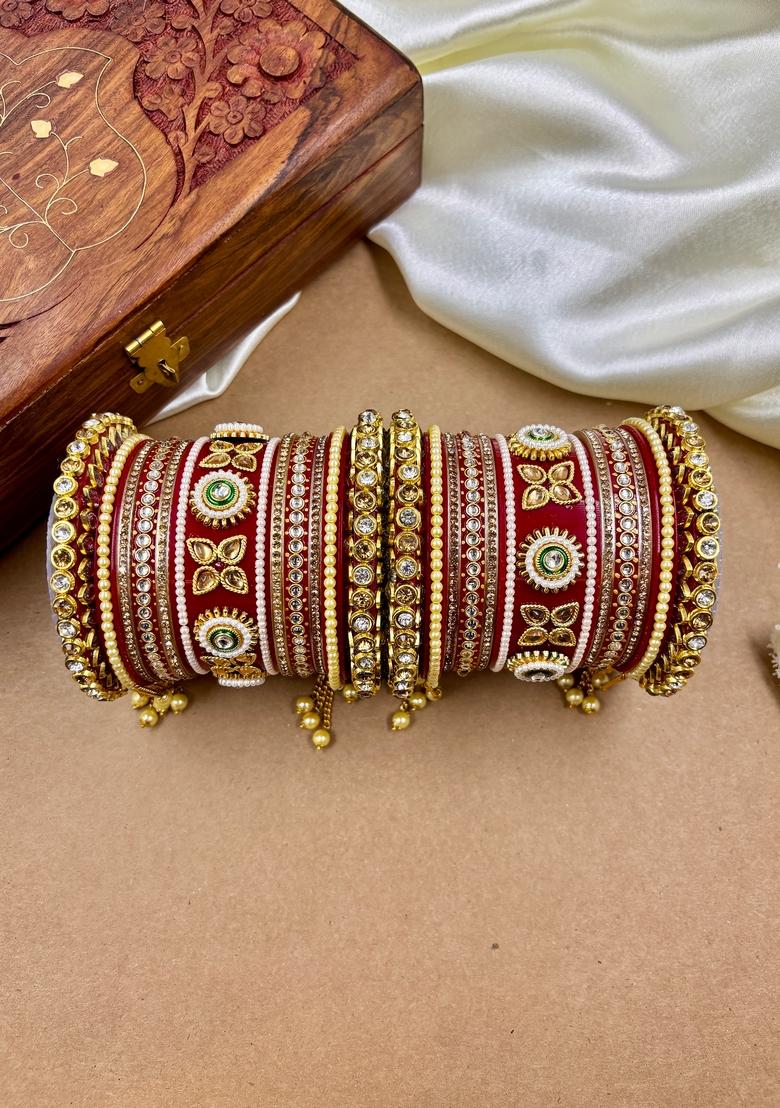 Red Rajwadi Metal And Plastic Wedding Chuda Bangle Set