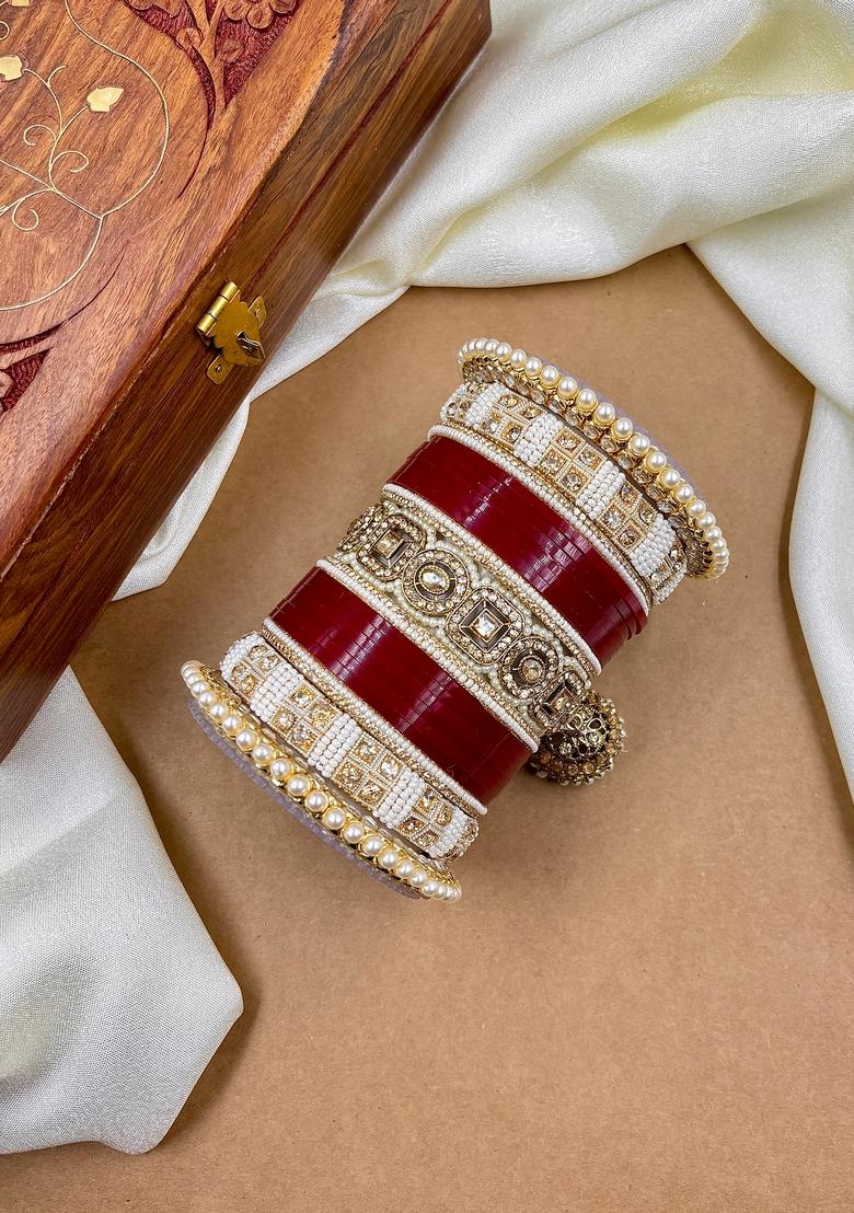 Red Punjabi Chuda Metal And Plastic Wedding Chuda Bangle Set