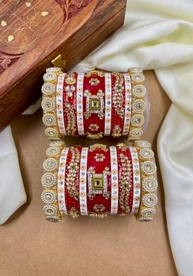Red Rajwadi Metal And Plastic Wedding Chuda Bangle Set