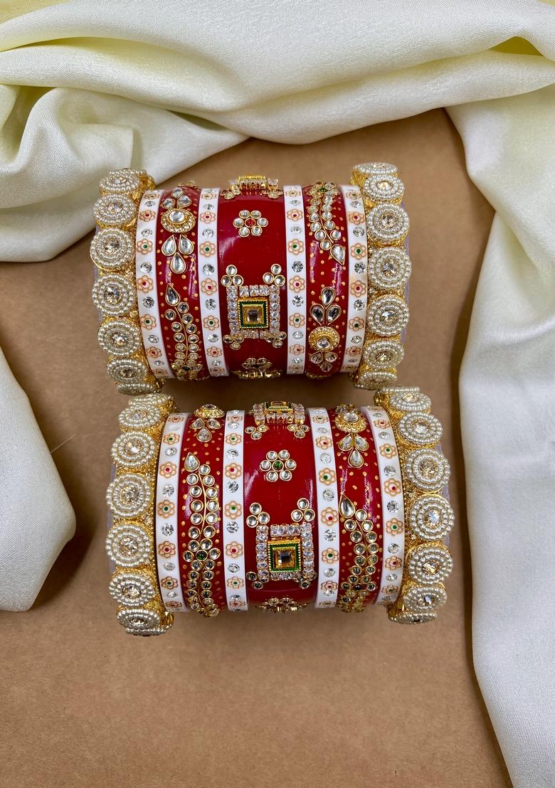 Red Rajwadi Metal And Plastic Wedding Chuda Bangle Set