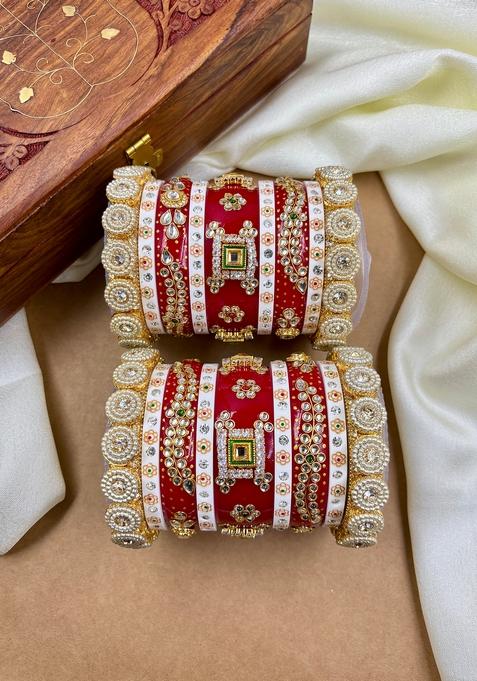 Red Rajwadi Metal And Plastic Wedding Chuda Bangle Set