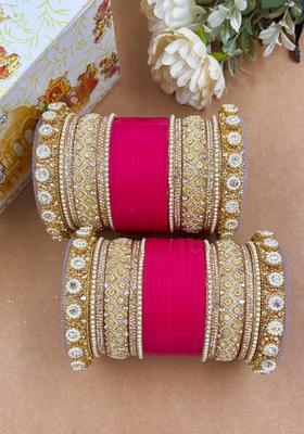 Rani Pink Punjabi Chuda Metal And Plastic Wedding Chuda Bangle Set