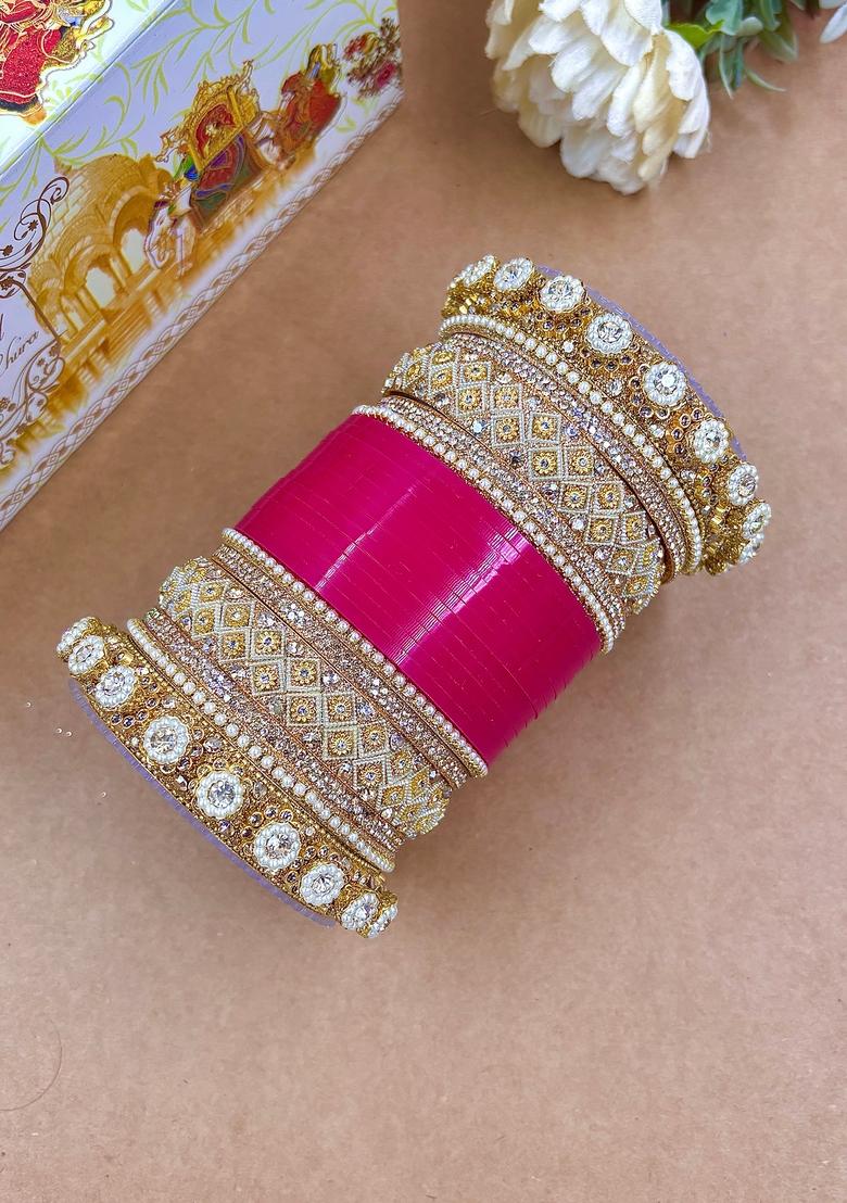 Rani Pink Punjabi Chuda Metal And Plastic Wedding Chuda Bangle Set