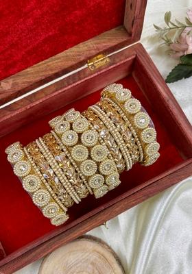 Golden Pearl And Kundan Metal And Plastic Wedding Chuda Bangle Set