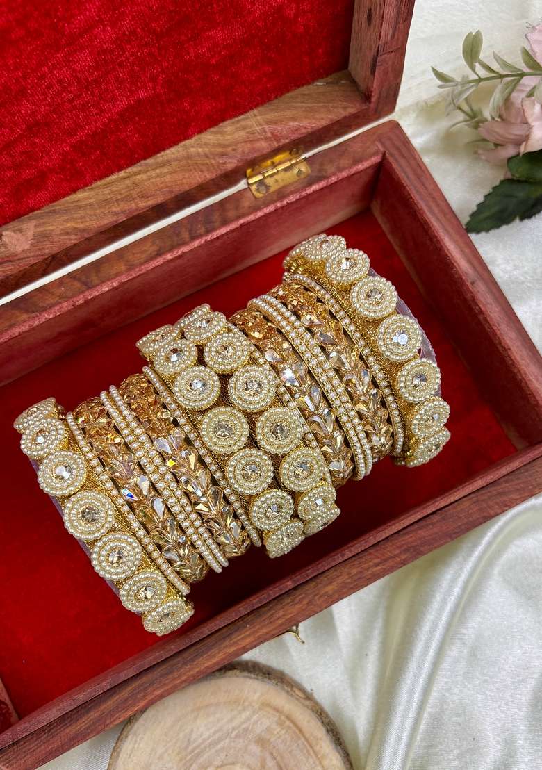 Golden Pearl And Kundan Metal And Plastic Wedding Chuda Bangle Set - Indya