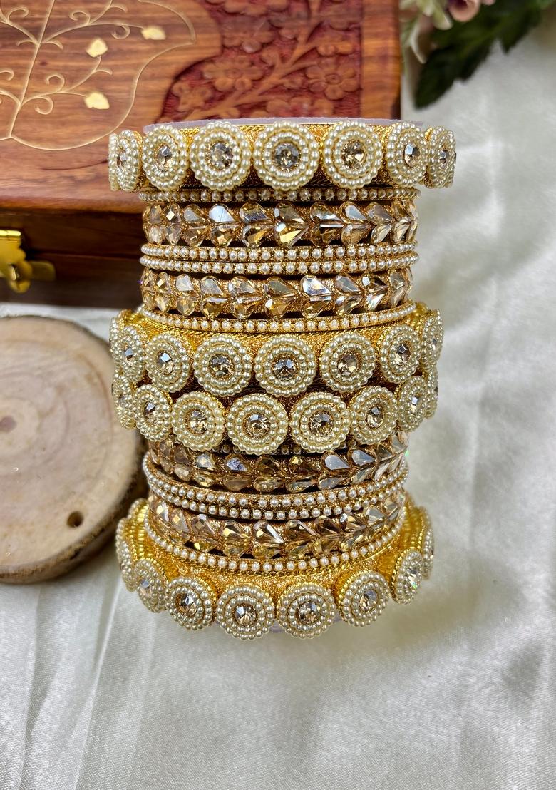 Golden Pearl And Kundan Metal And Plastic Wedding Chuda Bangle Set