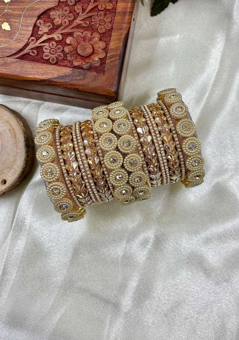 Golden Pearl And Kundan Metal And Plastic Wedding Chuda Bangle Set - Indya