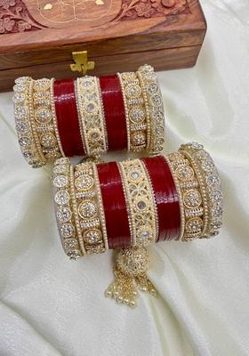 Red Punjabi Chuda Metal And Plastic Wedding Chuda Bangle Set