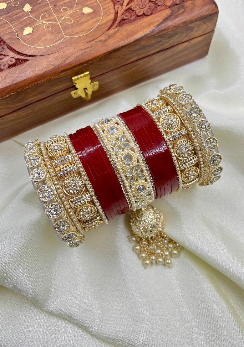 Red Punjabi Chuda Metal And Plastic Wedding Chuda Bangle Set