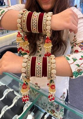 Rani Pink Velvet Metal And Plastic Wedding Chuda Bangle Set