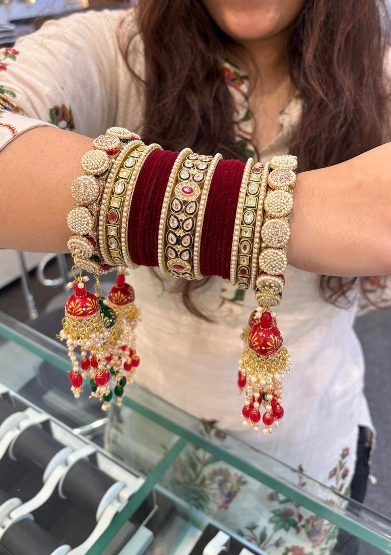 Rani Pink Velvet Metal And Plastic Wedding Chuda Bangle Set