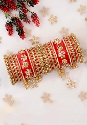 Red Rajwadi Metal And Plastic Wedding Chuda Bangle Set