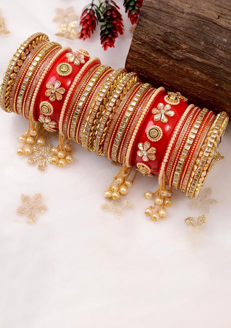 Red Rajwadi Metal And Plastic Wedding Chuda Bangle Set