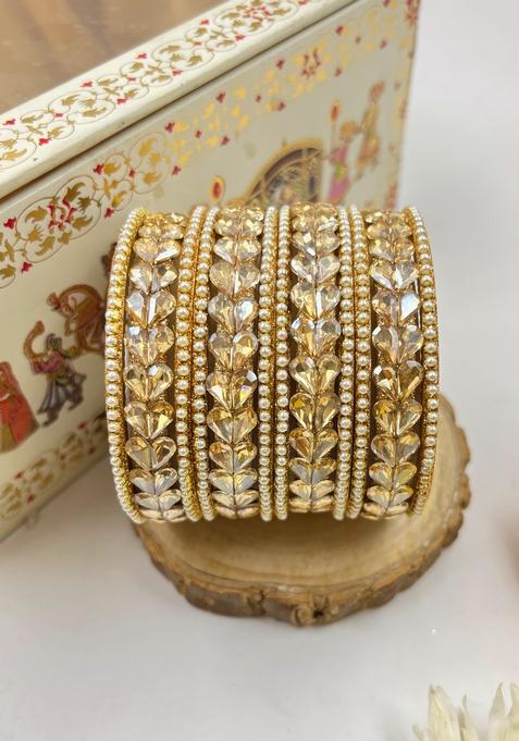 Golden Golden Pearl Set Metal And Plastic Wedding Chuda Bangle Set