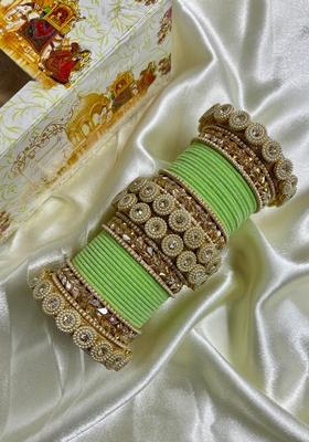 Pista Green Velvet Metal And Plastic Wedding Chuda Bangle Set