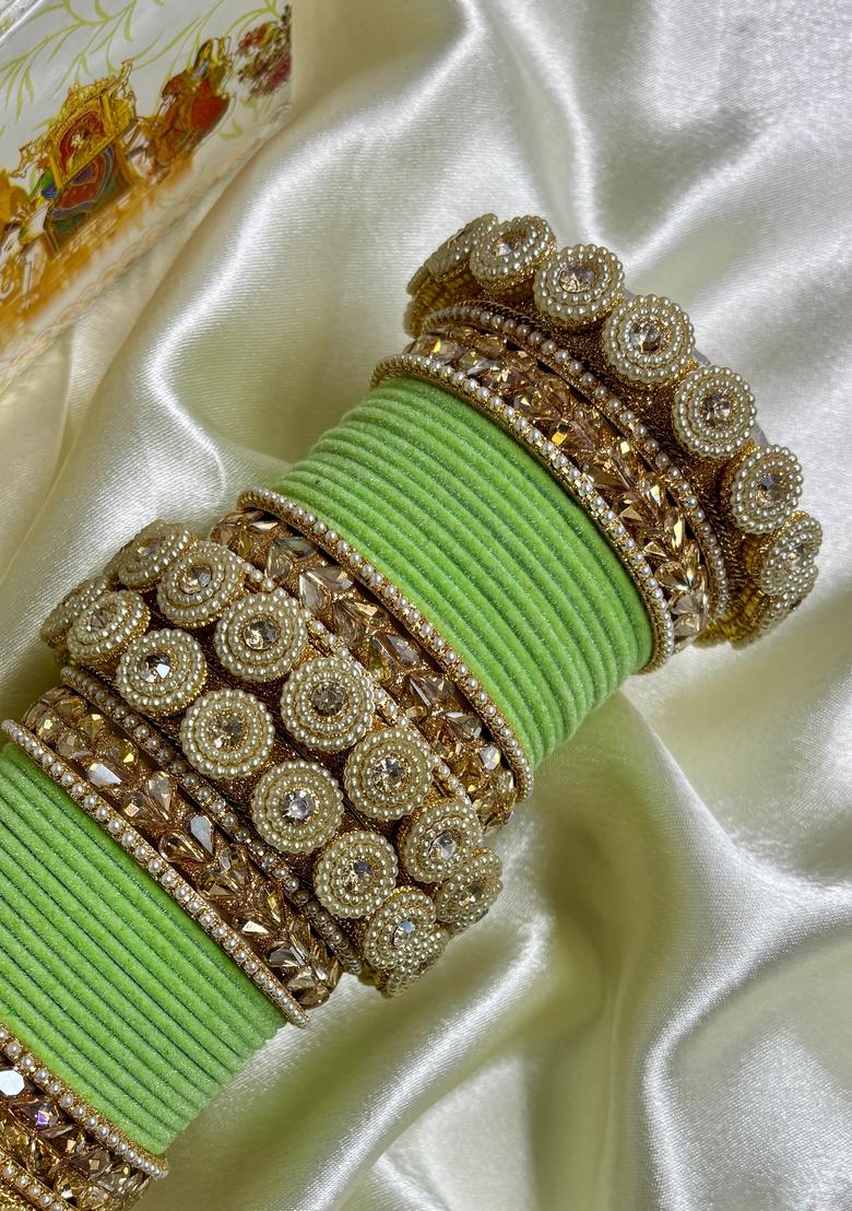 Pista Green Velvet Metal And Plastic Wedding Chuda Bangle Set