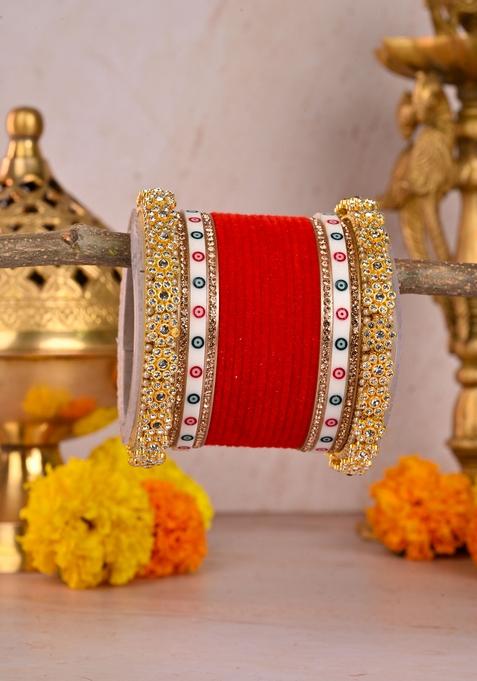Red Punjabi Chuda Metal And Plastic Wedding Chuda Bangle Set