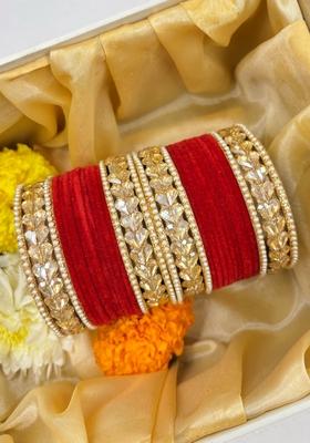 Red Velvet Metal And Plastic Wedding Chuda Bangle Set