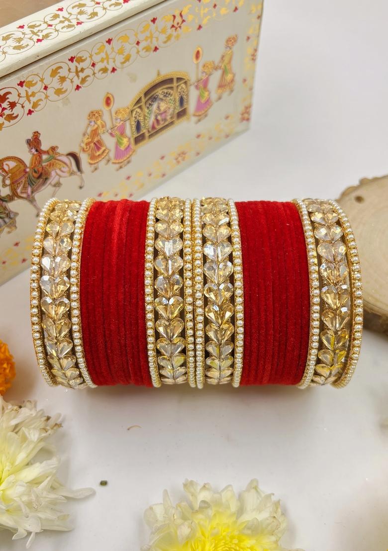 Red Velvet Metal And Plastic Wedding Chuda Bangle Set