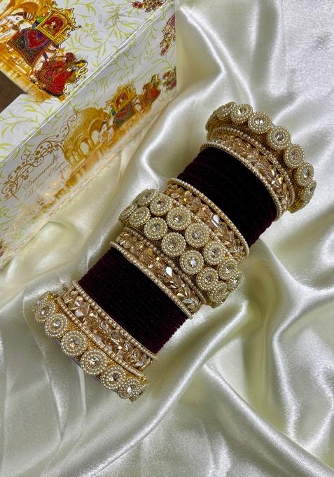 Wine Velvet Metal And Plastic Wedding Chuda Bangle Set
