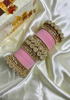 Pink Velvet Metal And Plastic Wedding Chuda Bangle Set