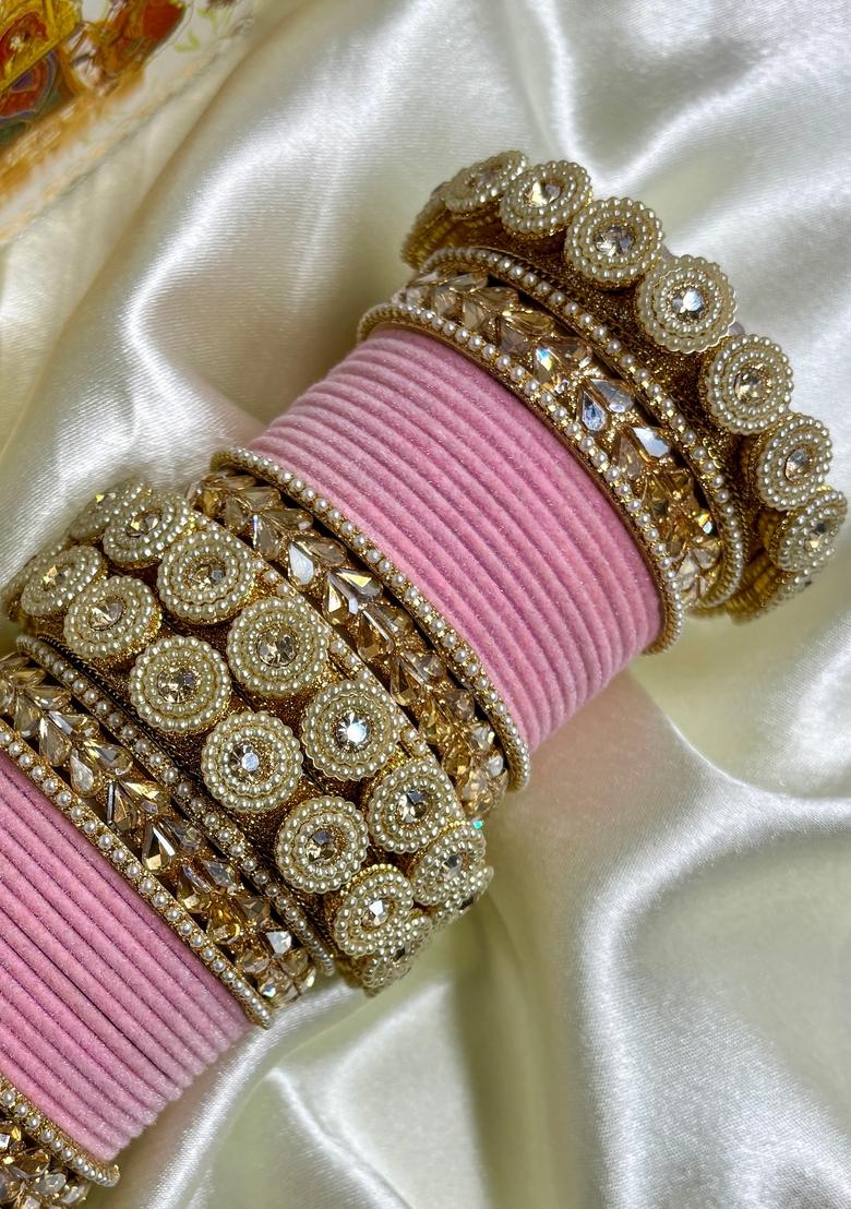 Pink Velvet Metal And Plastic Wedding Chuda Bangle Set