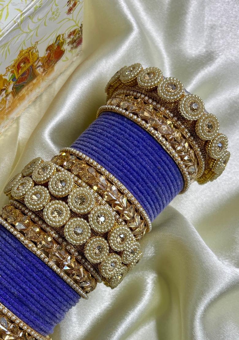 Purple Velvet Metal And Plastic Wedding Chuda Bangle Set