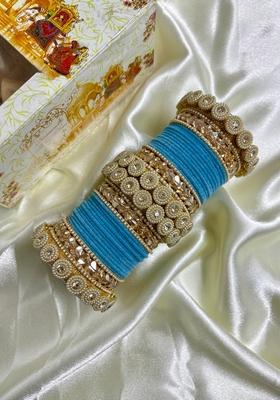 Sky Blue Velvet Metal And Plastic Wedding Chuda Bangle Set