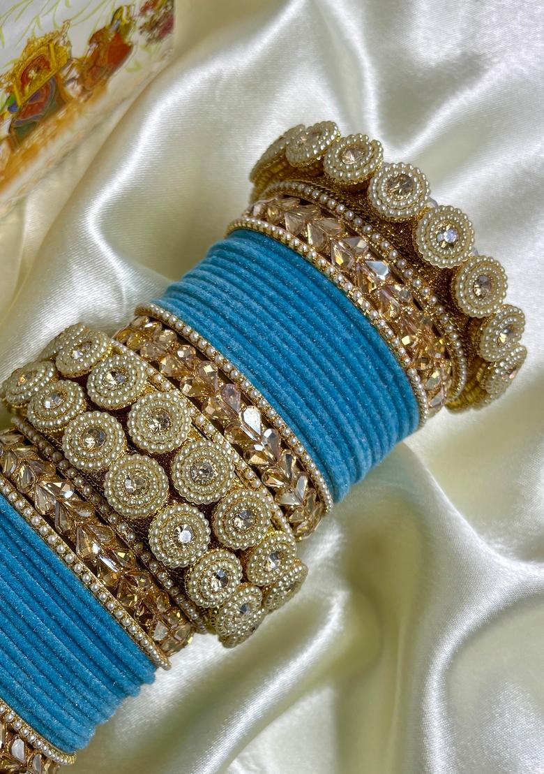 Sky Blue Velvet Metal And Plastic Wedding Chuda Bangle Set