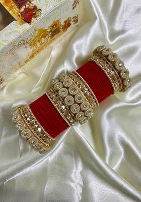 Red Velvet Metal And Plastic Wedding Chuda Bangle Set