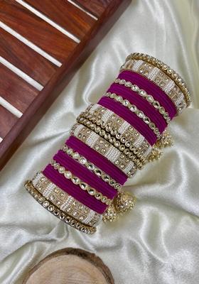 Rani Pink Kundan Metal And Plastic Wedding Chuda Bangle Set