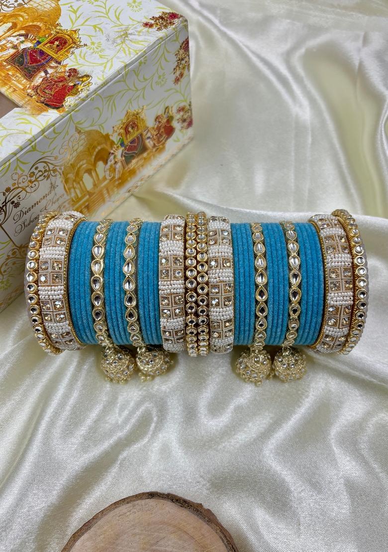 Sky Blue Kundan Metal And Plastic Wedding Chuda Bangle Set