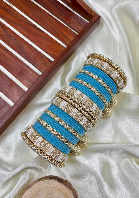 Sky Blue Kundan Metal And Plastic Wedding Chuda Bangle Set