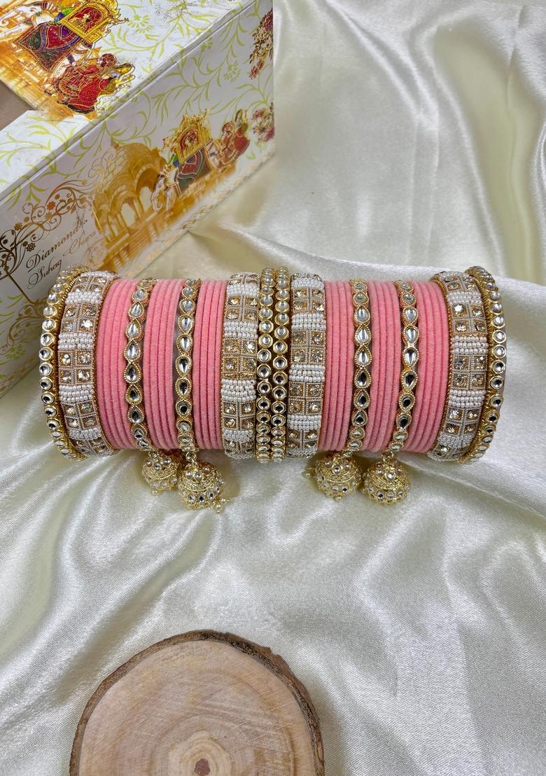 Peach Pink Kundan Metal And Plastic Wedding Chuda Bangle Set