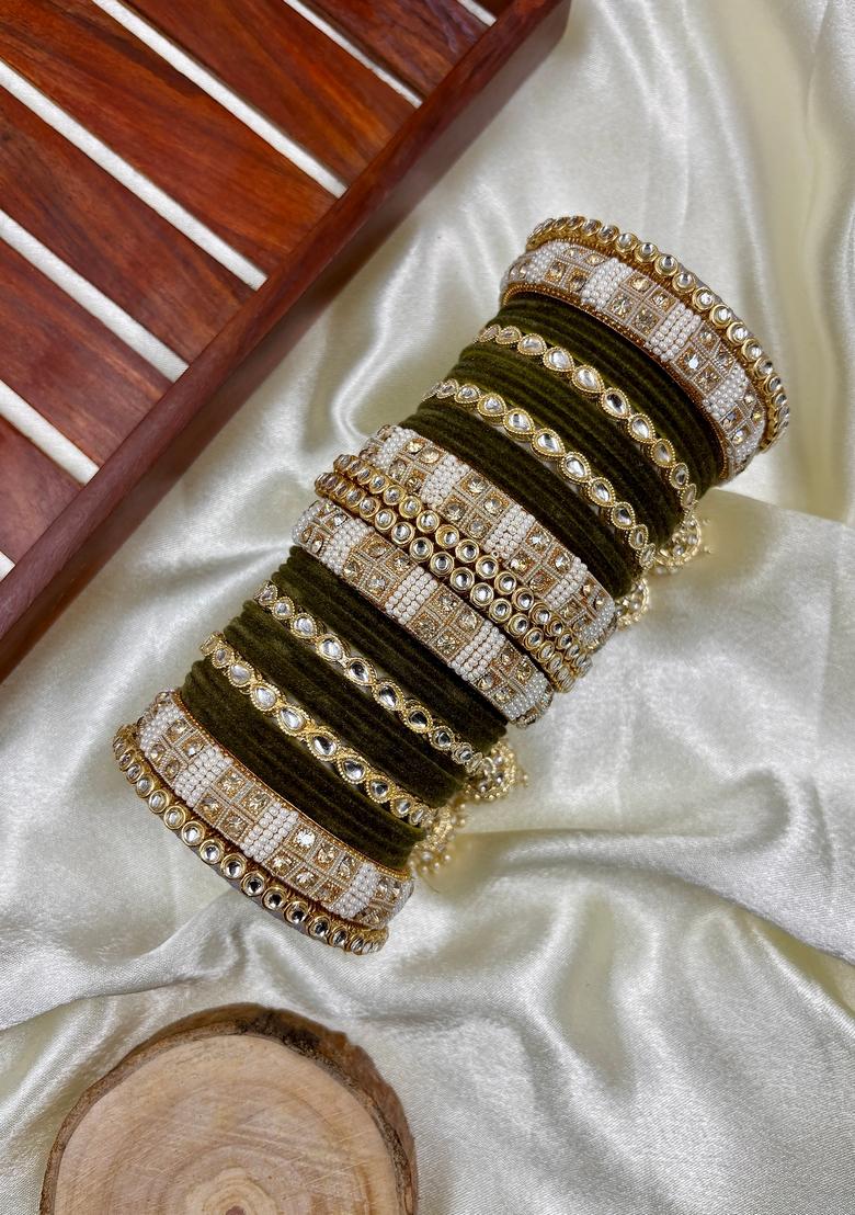 Mahendi Green Kundan Metal And Plastic Wedding Chuda Bangle Set