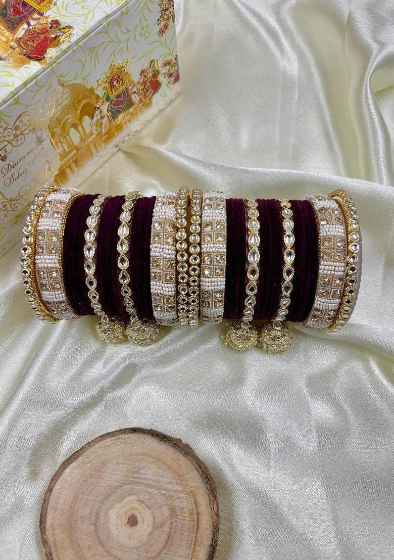 Wine Kundan Metal And Plastic Wedding Chuda Bangle Set