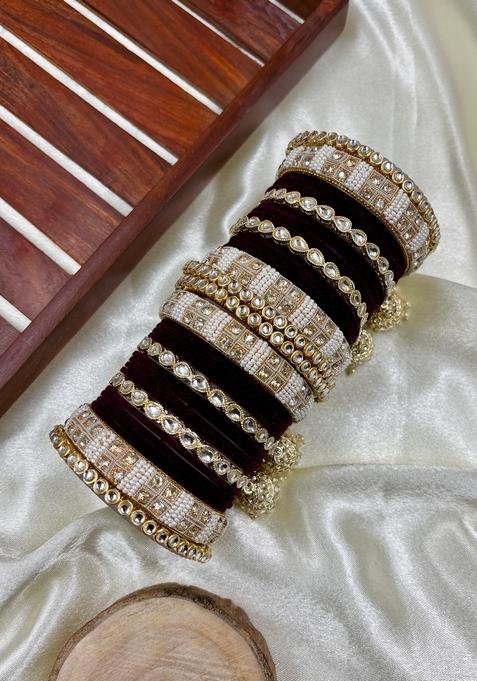 Wine Kundan Metal And Plastic Wedding Chuda Bangle Set