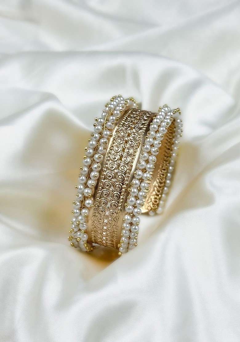 Gold Plated Pearl Beaded Adjustable Kada Bangle - Indya