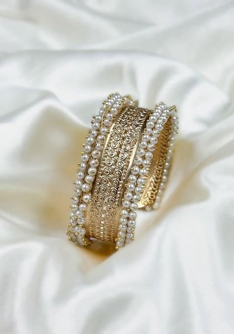 Gold Plated Pearl Beaded Adjustable Kada Bangle