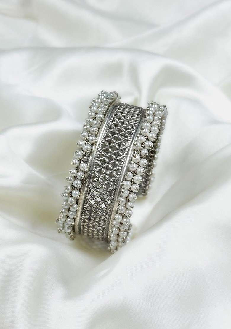 Silver Plated Pearls Beaded Cuff Bracelet - Indya