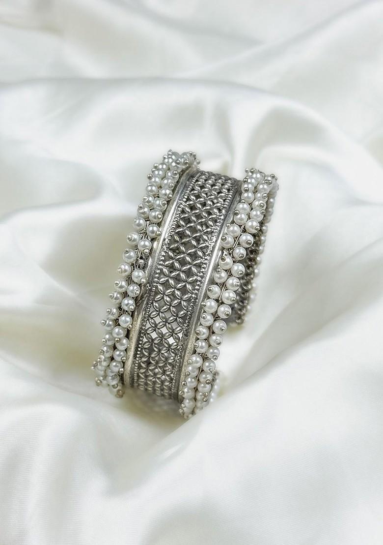 Silver Plated Pearls Beaded Cuff Bracelet