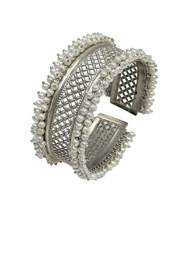 Silver Plated Pearls Beaded Cuff Bracelet - Indya