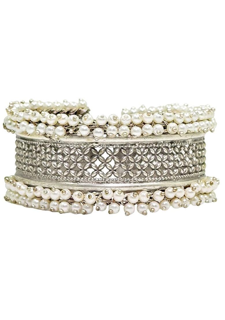 Silver Plated Pearls Beaded Cuff Bracelet