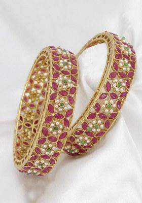 Gold Plated Pota Stone And Pearl Kada Set