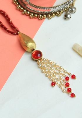 Classic Red And Gold Lumba Rakhi With Roli Chawal