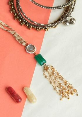Green Stone And Pearl Tassle Lumba With Roli Chawal
