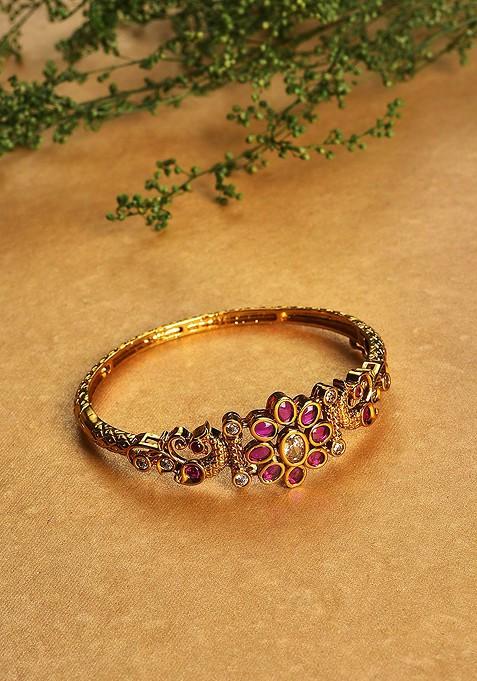 Women Gold Toned And Pink Brass American Diamond Antique Gold Plated Kada Bracelet