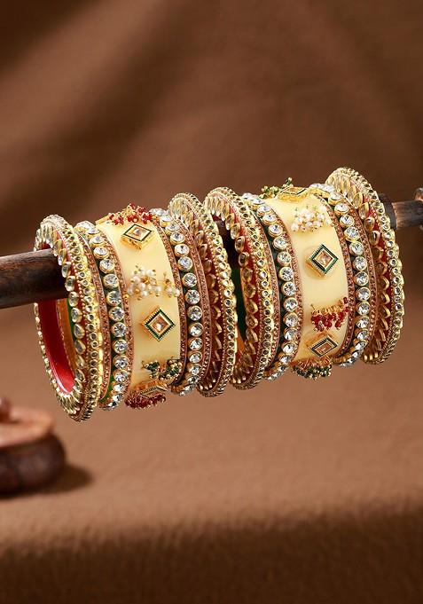 Set Of 18 Gold Plated Stones And Beads Studded Bangle Set