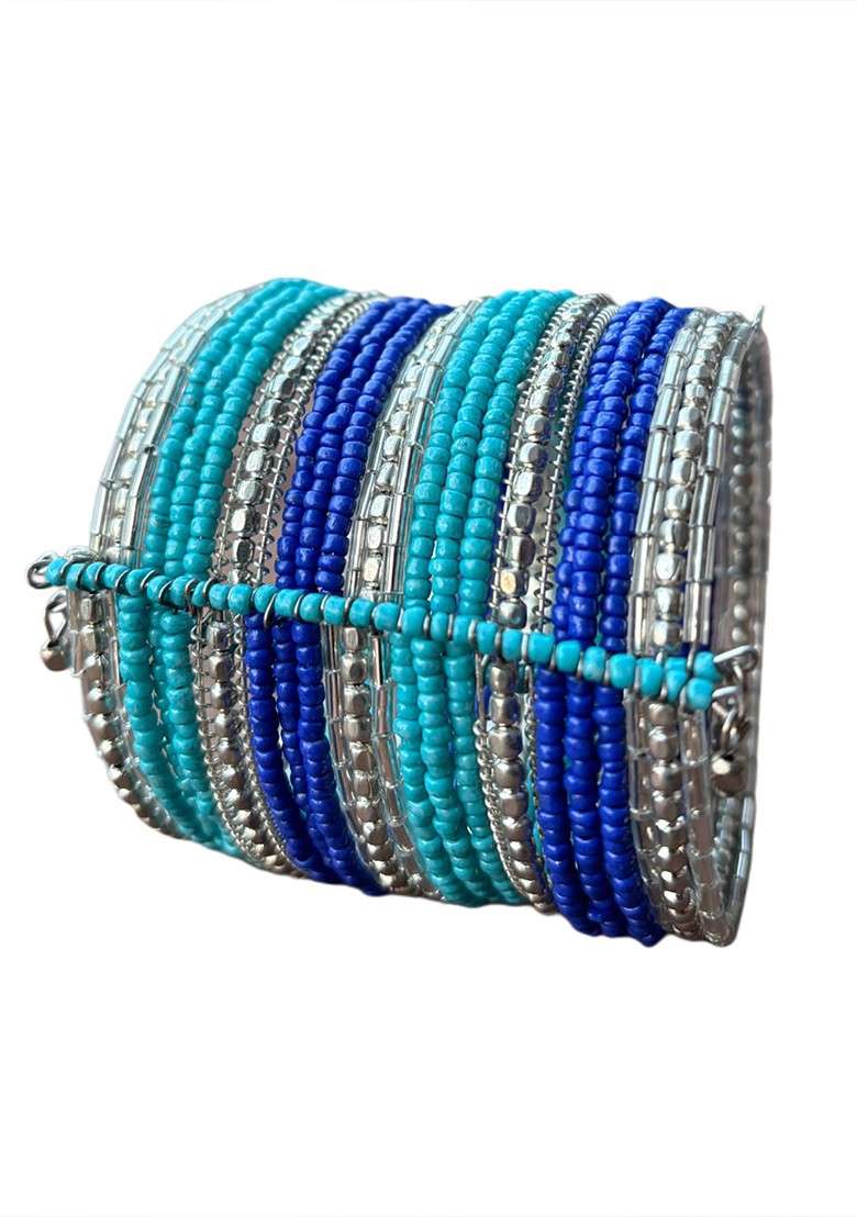 Silver Sliver Plated Beaded Tribal Bangle - Indya