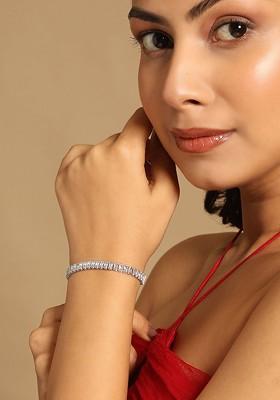Rhodium Plated Rectangular Zircon Studded Anti Tarnish Dual Lock Linked Bracelet